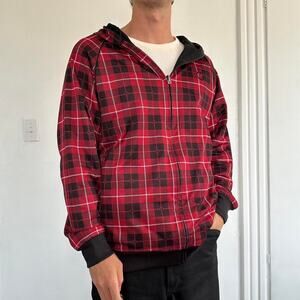 Vintage 00s Y2K Reversible Black Red Plaid Gingham Sporty Jersey Zip Up Hoodie